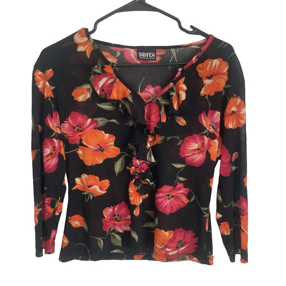 Y2K Floral Mesh Ruffle Top Sheer Long Sleeve Whimsigoth Romantic Black M Fairy - Picture 1 of 7